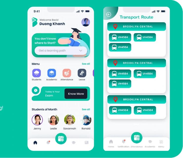 Brainy education and academy management application screens